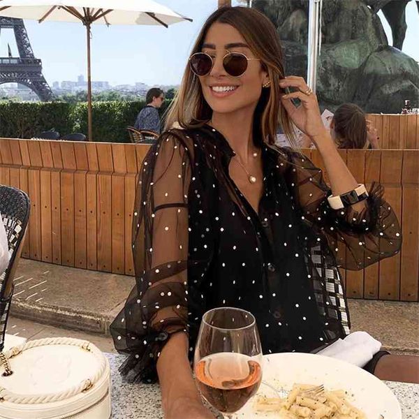 mesh women tulle blouse shirt polka dot female black button puff sleeve vintage sheer 210427, White
mesh women tulle blouse shirt polka dot female black button puff sleeve vintage sheer 210427, White