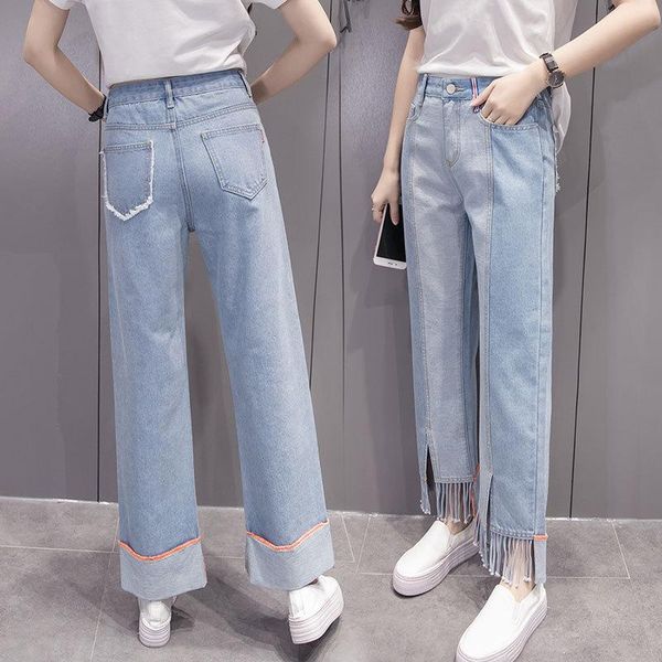 spring tassel denim ankle-length pants hem back pocket high waist wide leg two color optional women's jeans, Blue
spring tassel denim ankle-length pants hem back pocket high waist wide leg two color optional women's jeans, Blue