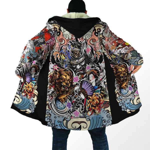 men's wool & blends winter fashion mens cloak samurai geisha and lion tattoo 3d printing thick fleece hood casual warm cape coat dp07, Black
men's wool & blends winter fashion mens cloak samurai geisha and lion tattoo 3d printing thick fleece hood casual warm cape coat dp07, Black
