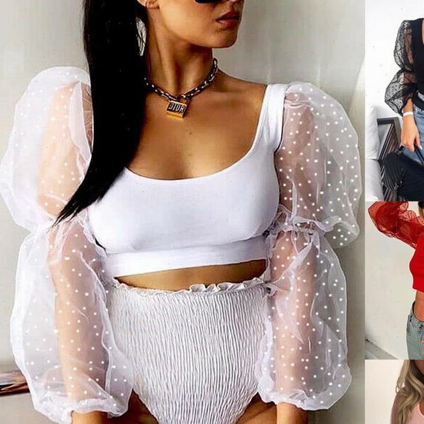 fashion see through mesh women shirts puff sleeve polka dot tulle long u neck slim crop ladies bare belly, White
fashion see through mesh women shirts puff sleeve polka dot tulle long u neck slim crop ladies bare belly, White