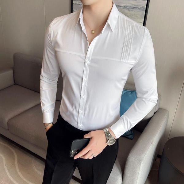 men's casual shirts british style autumn 2021 men tuxedo shirt long sleeve fashion simple front folds design slim fit dress blouse homm, White;black 
men's casual shirts british style autumn 2021 men tuxedo shirt long sleeve fashion simple front folds design slim fit dress blouse homm, White;black