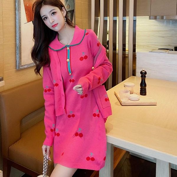women's tracksuits 2021 korean two-piece suit vintage embroidered cherry v-neck sweater coat + casual knitted long sleeve mini dress fe, Gray
women's tracksuits 2021 korean two-piece suit vintage embroidered cherry v-neck sweater coat + casual knitted long sleeve mini dress fe, Gray