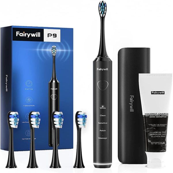 smart electric toothbrush fairywill pro p9 quieter 4 replacement heads rechargeable 5 modes timer with travel case& toothpaste
smart electric toothbrush fairywill pro p9 quieter 4 replacement heads rechargeable 5 modes timer with travel case& toothpaste