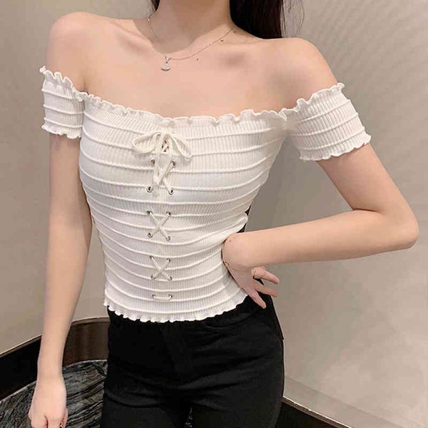 women's t-shirt shintimes slash neck t women knitted short sleeve folds tee femme slim womens clothing lace up bow tshir, White
women's t-shirt shintimes slash neck t women knitted short sleeve folds tee femme slim womens clothing lace up bow tshir, White