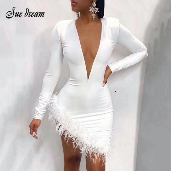 white v-neck long-sleeved feather hem rayon bandage club evening party dress 2021 ladies vestido casual dresses, Black;gray
white v-neck long-sleeved feather hem rayon bandage club evening party dress 2021 ladies vestido casual dresses, Black;gray