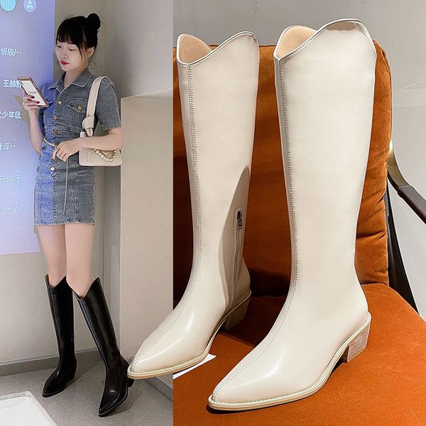 2021 women's high long tube pointed heel v mouth fashion semi zipper horshoe thick leg boots, Black
2021 women's high long tube pointed heel v mouth fashion semi zipper horshoe thick leg boots, Black