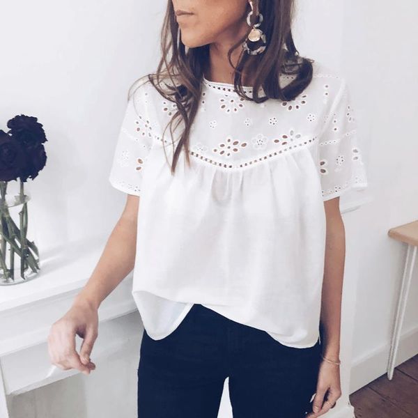 fashion pure white hollow out women shirts summer casual short sleeve o neck elegant sweet breathable soft
fashion pure white hollow out women shirts summer casual short sleeve o neck elegant sweet breathable soft