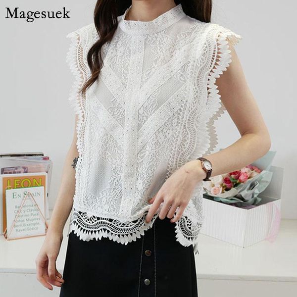 women's blouses & shirts plus size -4xl lace 2021 summer sleeveless ruffles blouse women hollow blusas elegant ladies clothes, White 
women's blouses & shirts plus size -4xl lace 2021 summer sleeveless ruffles blouse women hollow blusas elegant ladies clothes, White