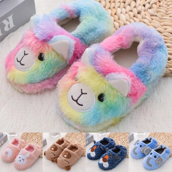 slipper toddler infant kids baby warm shoes boys girls cartoon soft-soled slippers cute animal children winter home wear, Black;grey