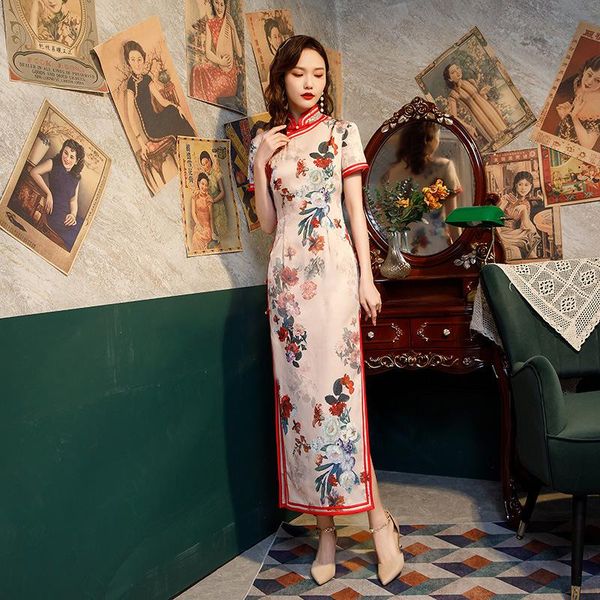 ethnic clothing elegant floral printed satin broadsid mandarin collar long qipao dress traditional short sleeves cheongsam vestidos oversize, Red 
ethnic clothing elegant floral printed satin broadsid mandarin collar long qipao dress traditional short sleeves cheongsam vestidos oversize, Red