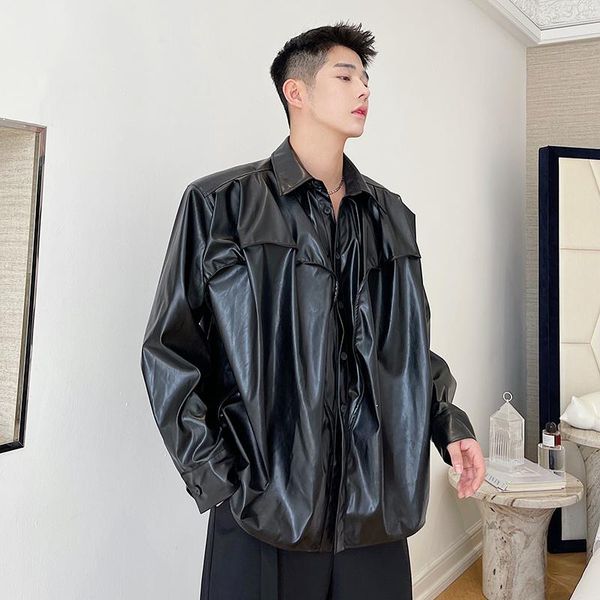 men's casual shirts men pleated silhouette shoulder pad streetwear vintage fashion leather jacket mens oversize loose shirt coat, White;black
men's casual shirts men pleated silhouette shoulder pad streetwear vintage fashion leather jacket mens oversize loose shirt coat, White;black