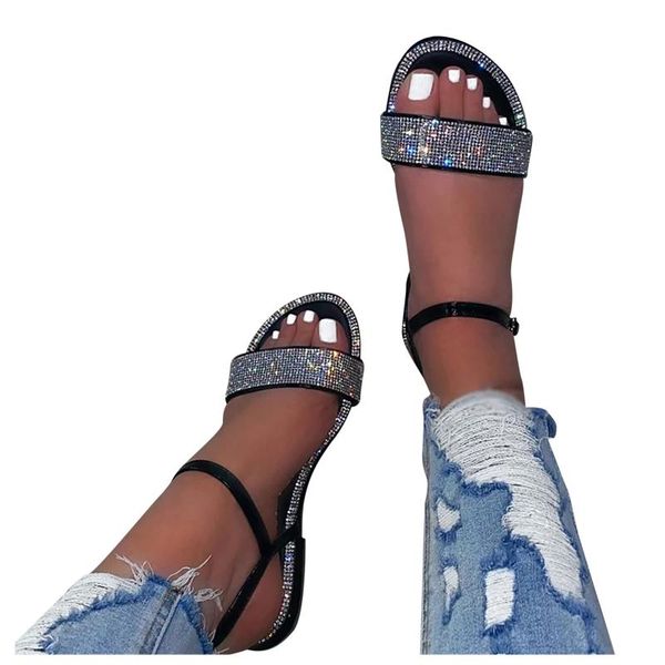 sandals women's summer flat round toe outdoor casual crystal buckle strap shoes, Black
sandals women's summer flat round toe outdoor casual crystal buckle strap shoes, Black