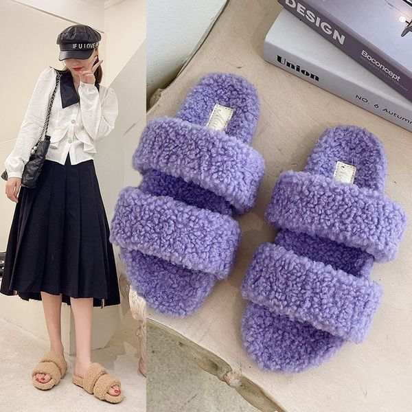 cotton slippers women's 2021 autumn and winter plush thickened warm wear flat outside the home, Black