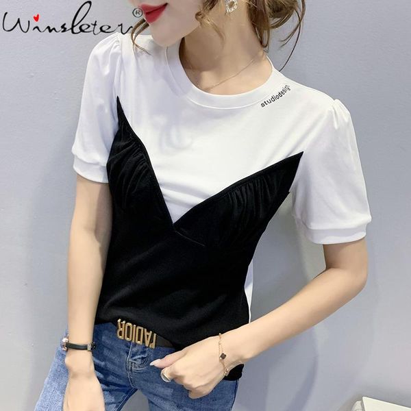 women's t-shirt summer korean clothes cotton letter fashion o-neck fake two pieces color blocking women short sleeve tees t15414a, White
women's t-shirt summer korean clothes cotton letter fashion o-neck fake two pieces color blocking women short sleeve tees t15414a, White