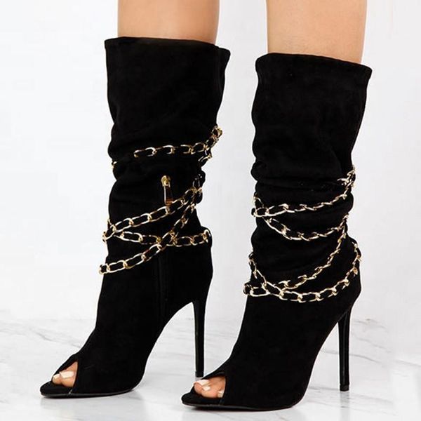 latest design gold chain thin heel women side zip mid-calf booties round peep toe big size 43 half knee high boots for ladies, Black
latest design gold chain thin heel women side zip mid-calf booties round peep toe big size 43 half knee high boots for ladies, Black