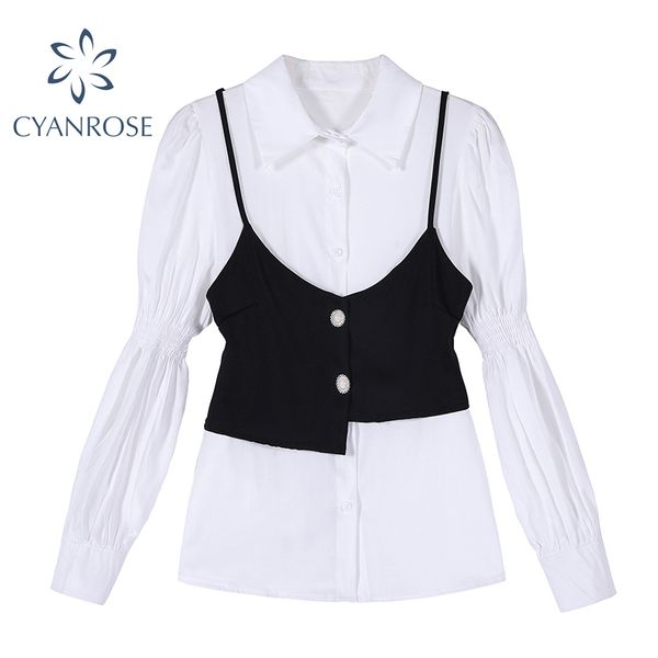 spring spliced strap vest + white shirt women temperament puff long sleeve single breasted elegant office lady blouse 210417
spring spliced strap vest + white shirt women temperament puff long sleeve single breasted elegant office lady blouse 210417