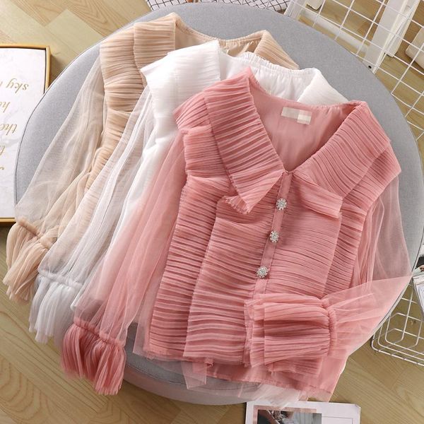 women's blouses & shirts women flare sleeve v-neck pleated cardigan rhinestone button chiffon shirt lady elastic slim mesh gauze chic p, White
women's blouses & shirts women flare sleeve v-neck pleated cardigan rhinestone button chiffon shirt lady elastic slim mesh gauze chic p, White