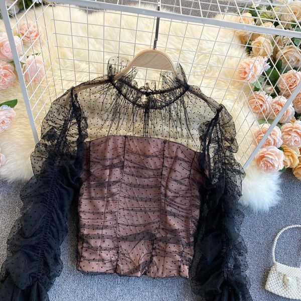 women's blouses & shirts 2021 spring temperament fashion blouse female polka dot mesh trumpet sleeve pleated blusa slim short shirt c23, White
women's blouses & shirts 2021 spring temperament fashion blouse female polka dot mesh trumpet sleeve pleated blusa slim short shirt c23, White