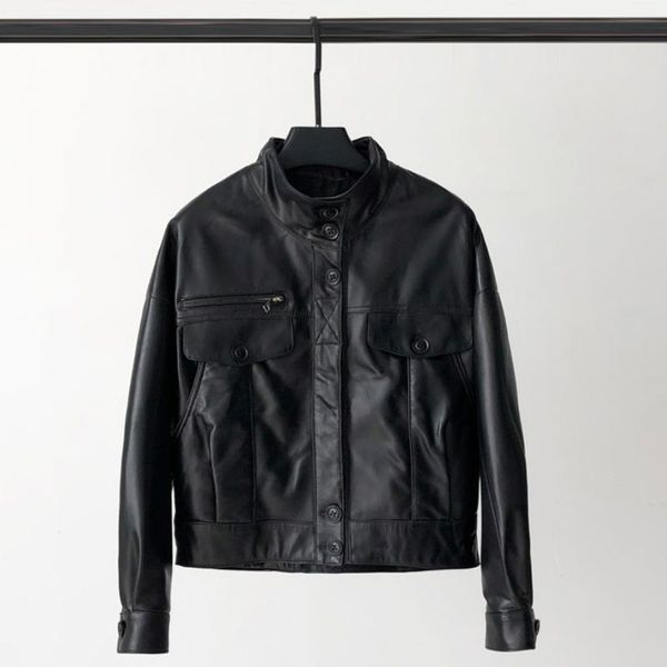 women's leather & faux 2021 autumn haining clothes sheepskin locomotive short stand collar jacket leisure thin coat, Black
women's leather & faux 2021 autumn haining clothes sheepskin locomotive short stand collar jacket leisure thin coat, Black