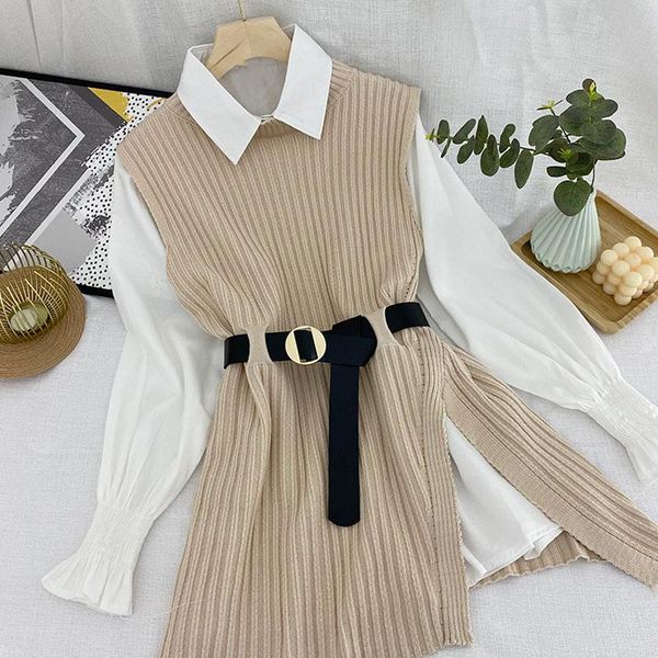 lapel shirt knitted vest two piece women's sets autumn winter set lantern sleeve pants, White
lapel shirt knitted vest two piece women's sets autumn winter set lantern sleeve pants, White