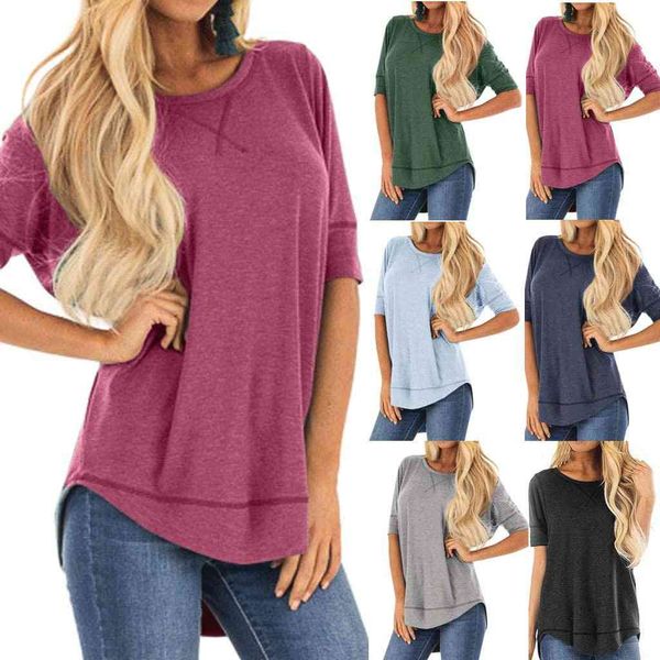 short sve t-shirt front short back long solid round neck women's 2021 summer wear, White
short sve t-shirt front short back long solid round neck women's 2021 summer wear, White