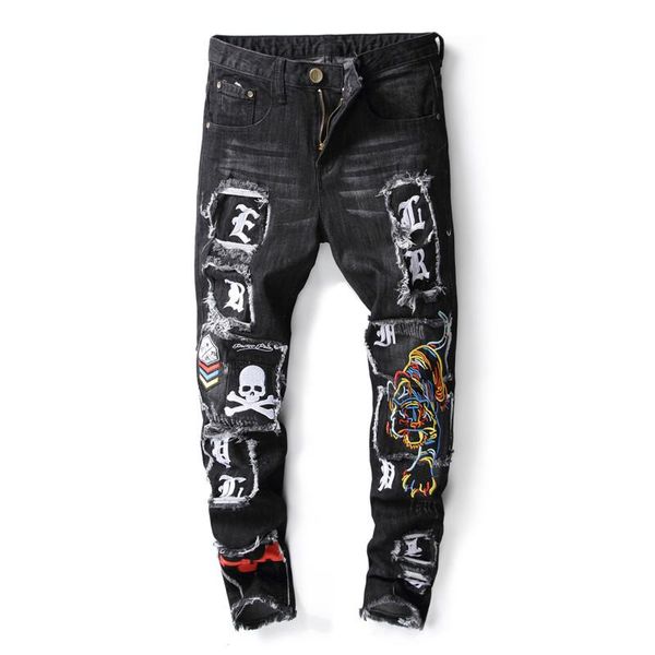 2021 brand designer men's skinny jeans male casual distressed ripped tiger skull embroidered patches stretch denim pants, Blue
2021 brand designer men's skinny jeans male casual distressed ripped tiger skull embroidered patches stretch denim pants, Blue