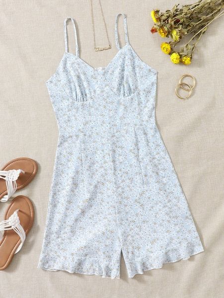 ditsy floral print ruffle hem cami romper l6g6#, White