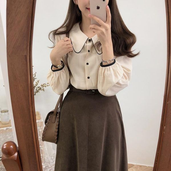 women korean cute casual college style retro corduroy shirt niche lapel buttons lantern sleeve shirts blouse, White
women korean cute casual college style retro corduroy shirt niche lapel buttons lantern sleeve shirts blouse, White