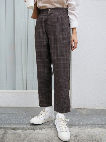 dazy high waist plaid straight leg pants x0cb#, Black;white 
dazy high waist plaid straight leg pants x0cb#, Black;white