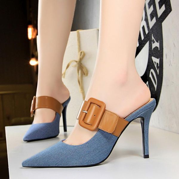 slippers euro-american women's shoe bale with high heel and shallow pointed denim matching color belt buckle, Black
slippers euro-american women's shoe bale with high heel and shallow pointed denim matching color belt buckle, Black