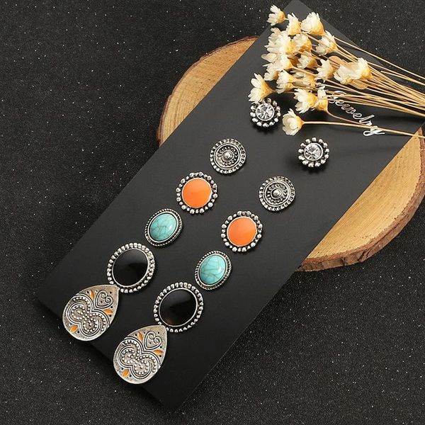 stud 6pair/set vintage silver color boho gypsy enamel earrings carved big teardrop natural stone crystal sets for women, Golden;silver
stud 6pair/set vintage silver color boho gypsy enamel earrings carved big teardrop natural stone crystal sets for women, Golden;silver