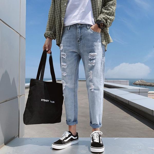 men's jeans spring and summer student nine-point pants slim ripped fashion casual pencil, Blue
men's jeans spring and summer student nine-point pants slim ripped fashion casual pencil, Blue