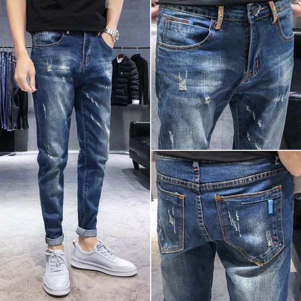 men's jeans fashion brand trend korean stretch slim small feet versatile 2021 casual pants 41uo, Blue 
men's jeans fashion brand trend korean stretch slim small feet versatile 2021 casual pants 41uo, Blue