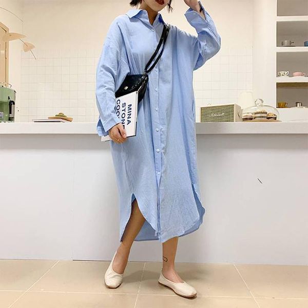 casual dresses 2021 summer long sleeve women's dress fashion oversize korean style female shirts white loose basic midi clothes, Black;gray 
casual dresses 2021 summer long sleeve women's dress fashion oversize korean style female shirts white loose basic midi clothes, Black;gray