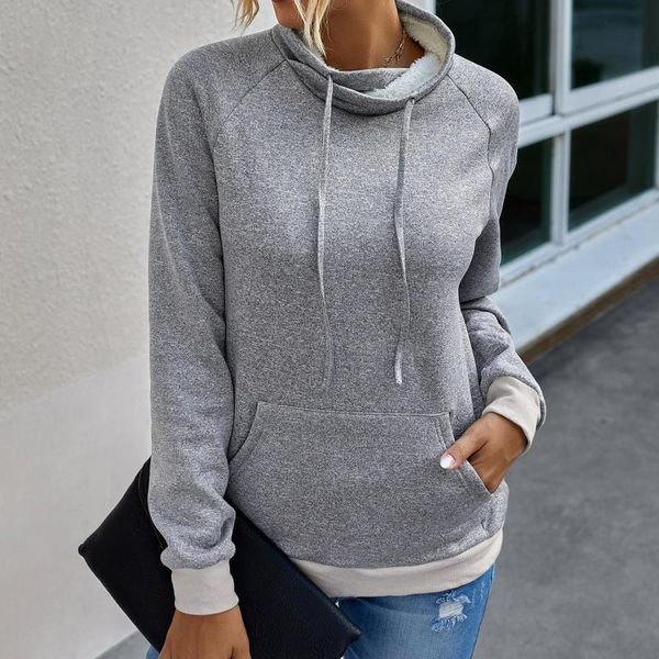 women's hoodies & sweatshirts women stand collar long sleeve drawstring pocket hoodie plush lining sweatshirt fashion, Black