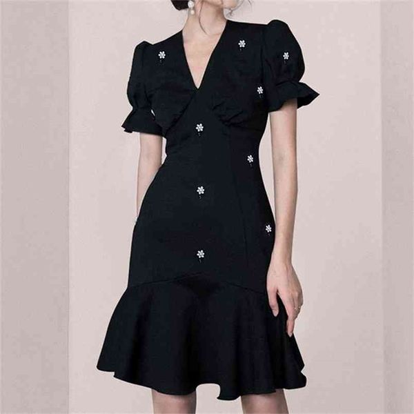women summer fashion slim solid mermaid dress female v-neck puff short sleeve dresses retro elegant vestidos 210603, Black;gray
women summer fashion slim solid mermaid dress female v-neck puff short sleeve dresses retro elegant vestidos 210603, Black;gray