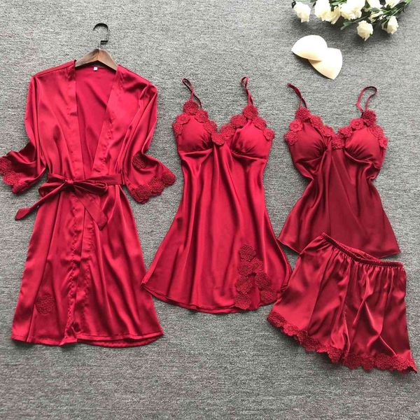 women sleepwear pajama set for satin embroidery flowers home wear 4 pieces pyjamas vest coat shorts silk lace nightwear, Black;red
women sleepwear pajama set for satin embroidery flowers home wear 4 pieces pyjamas vest coat shorts silk lace nightwear, Black;red