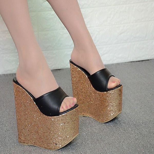 slippers 2021 gold silver sandal super high heel thick slope sole shoes waterproof platform fish mouth women's 17cm, Black
slippers 2021 gold silver sandal super high heel thick slope sole shoes waterproof platform fish mouth women's 17cm, Black