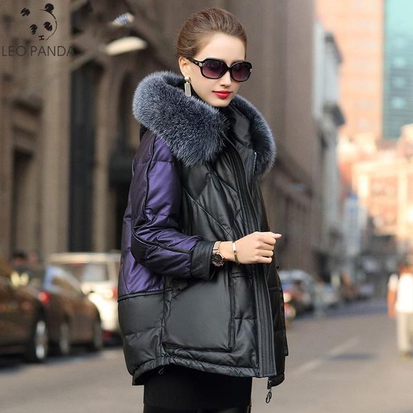 women's leather & faux real jacket winter coat women fur collar warm down genuine sheepskin chaqueta mujer, Black
women's leather & faux real jacket winter coat women fur collar warm down genuine sheepskin chaqueta mujer, Black