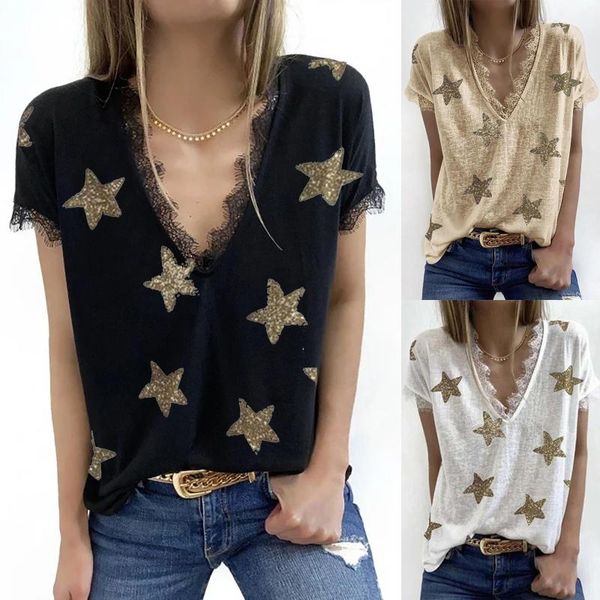 women's blouses & shirts fashion lace stars print blouse shirt loose v-neck tee summer casual ladies female women short sleeve blusas, White
women's blouses & shirts fashion lace stars print blouse shirt loose v-neck tee summer casual ladies female women short sleeve blusas, White