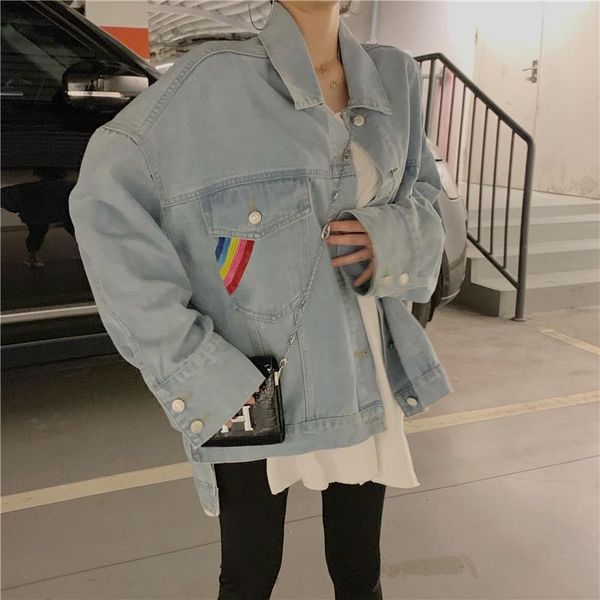 women's jackets 2021 spring jacket women harajuku rainbow embroidered denim loose single-breasted large pocket wash, Black;brown
women's jackets 2021 spring jacket women harajuku rainbow embroidered denim loose single-breasted large pocket wash, Black;brown