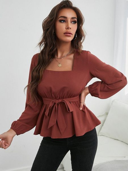 square neck belted blouse s6x2#, White