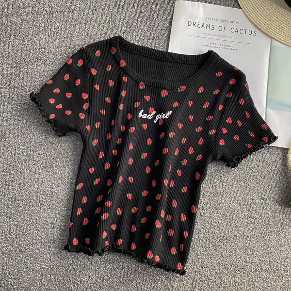 women's t-shirt vintage girlish style strawberry print slim cropped 2021 summer fashion all-match o-neck short sleeve women knitted, White
women's t-shirt vintage girlish style strawberry print slim cropped 2021 summer fashion all-match o-neck short sleeve women knitted, White