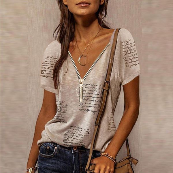 women's t-shirt summer women printing loose zipper pullover v-neck irregular stitching short-sleeved 2021 fashion urban leisure, White
women's t-shirt summer women printing loose zipper pullover v-neck irregular stitching short-sleeved 2021 fashion urban leisure, White