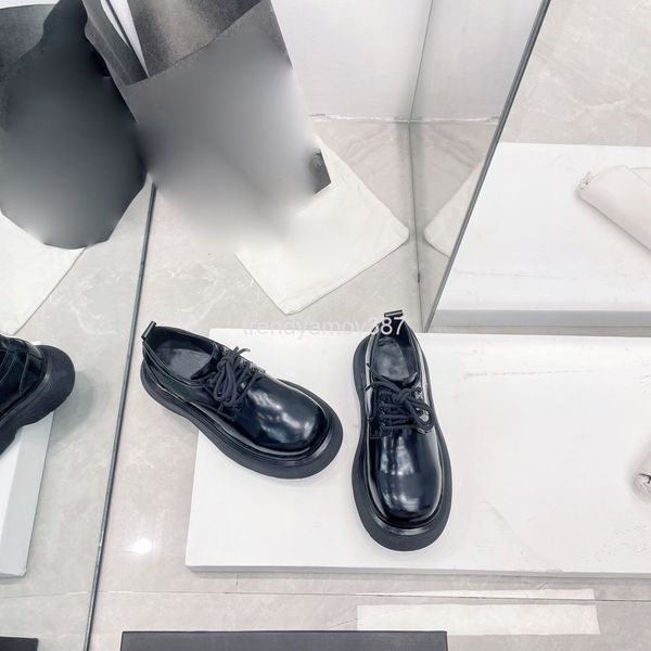 dress shoes patent leather women's shoes net red with increased thick soled leffer round head green lace up muffin small, Black