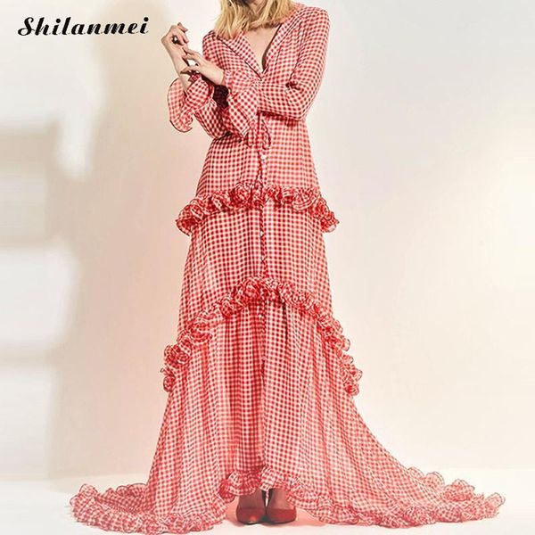 casual dresses red plaid long maxi dress women 2021 autumn winter ruffled sleeve chiffon ladies high street fashion party, Black;gray
casual dresses red plaid long maxi dress women 2021 autumn winter ruffled sleeve chiffon ladies high street fashion party, Black;gray
