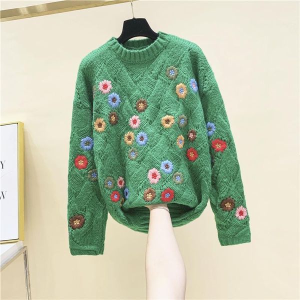 green color flower embroidered sweater women's lazy wind round neck loose pullover knitting shirt thicken sweaters girls, White;black
green color flower embroidered sweater women's lazy wind round neck loose pullover knitting shirt thicken sweaters girls, White;black