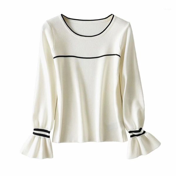 women's sweaters 2021 autumn color matching striped trumpet sleeve round neck slim sweater women 0917, White;black
women's sweaters 2021 autumn color matching striped trumpet sleeve round neck slim sweater women 0917, White;black