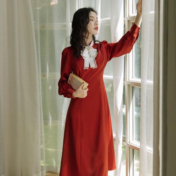 casual dresses 2021 spring hollow long sleeve dress stitching lace chinese style vintage lacing mid-length a-line, Black;gray 
casual dresses 2021 spring hollow long sleeve dress stitching lace chinese style vintage lacing mid-length a-line, Black;gray