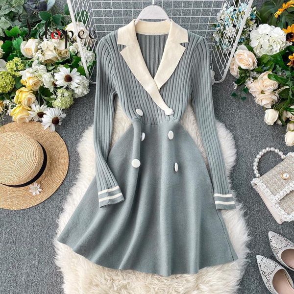 elegant dress retro color matching suit collar double breasted knitted autumn winter temperament bottoming vestidos casual dresses, Black;gray
elegant dress retro color matching suit collar double breasted knitted autumn winter temperament bottoming vestidos casual dresses, Black;gray
